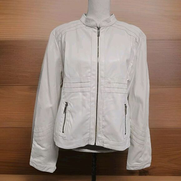 New York & Company Faux Leather Moto Full-Zip Jacket Light Beige Women’s Size XL - Picture 2 of 10